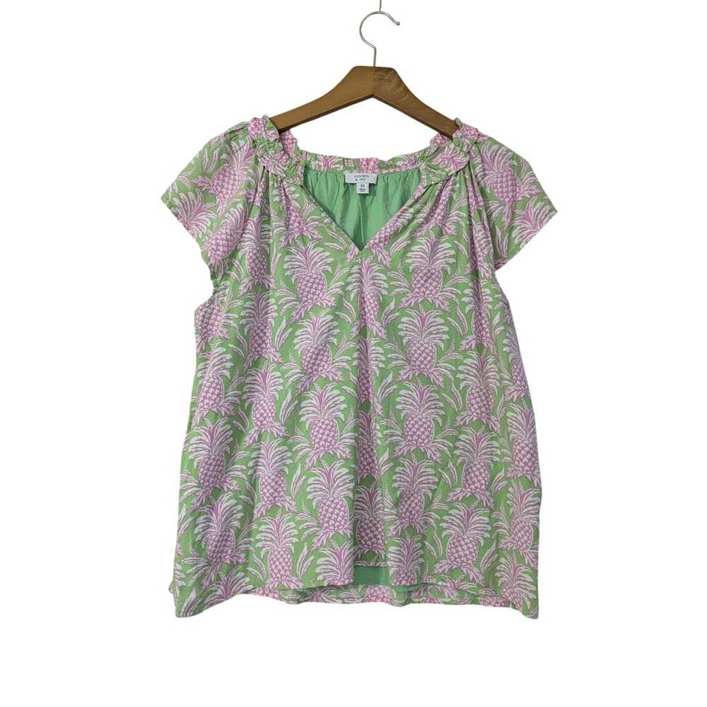 Crown & Ivy Pineapple Top Womens S Petite Pink Green Beach‎ Tropical Vacation